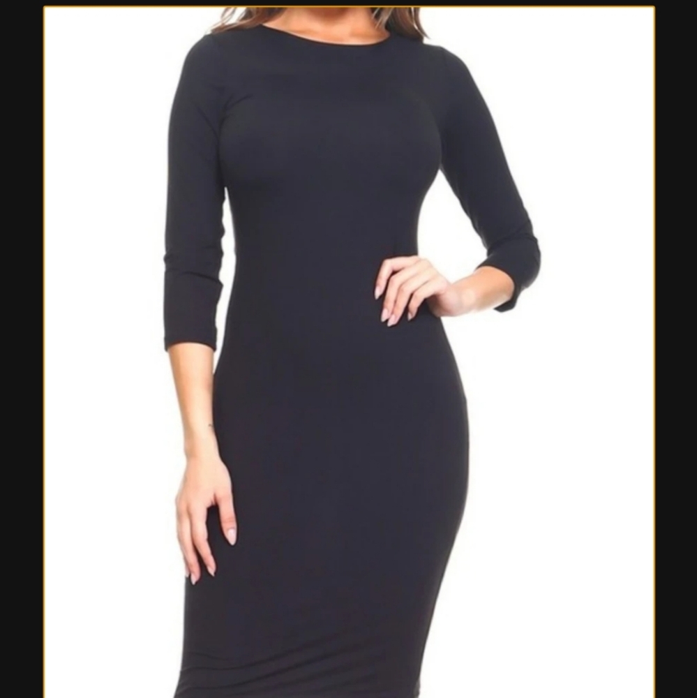 3/4 sleeve black body con midi dress